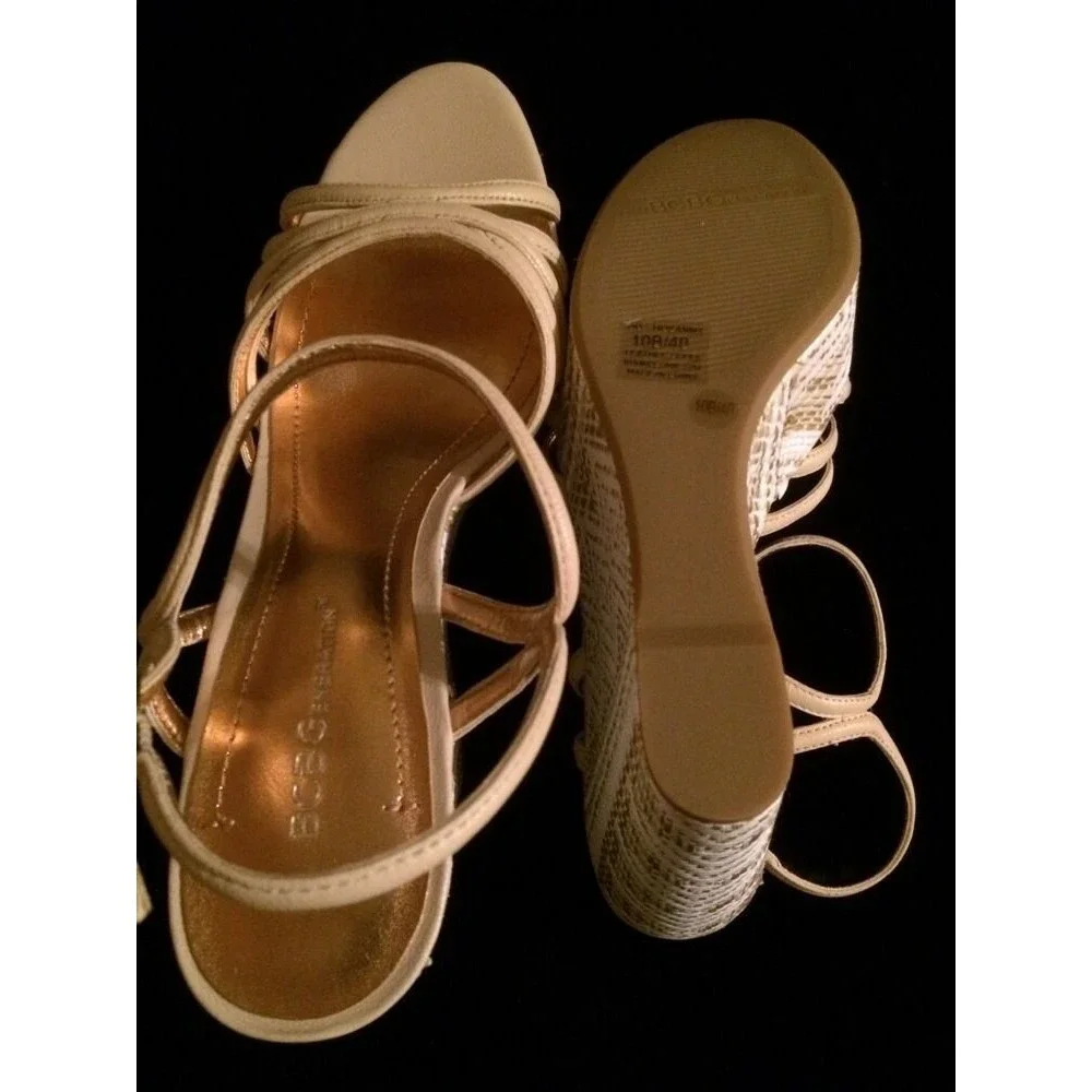 BCBGeneration Shoes Hosanna Leather & Fabric Bronze & Tan Wedges Size 10 NWT